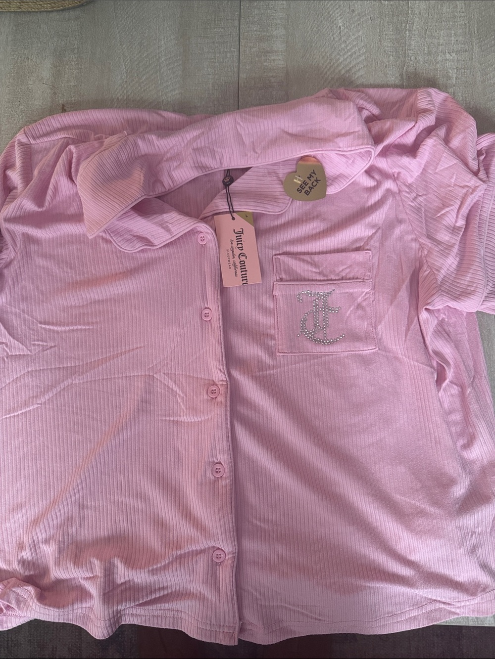 Juicy Couture Light Pink Ribbed Button-Up Pajama Set with Crystal JC Logo